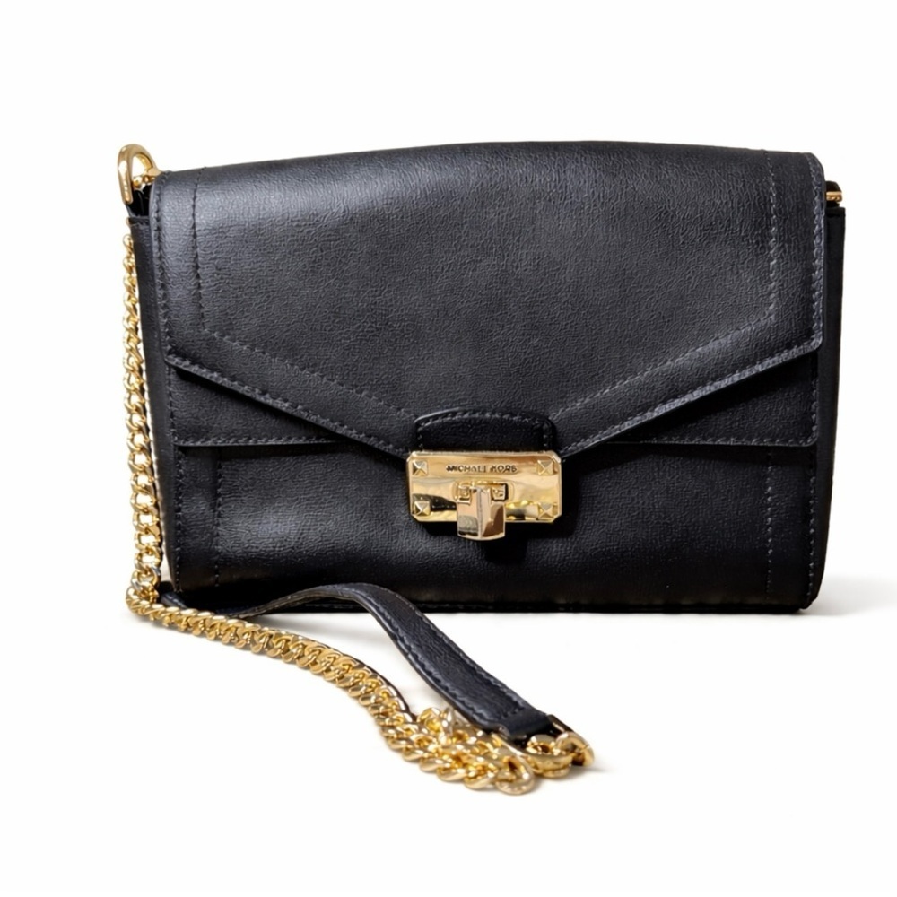 Michael Kors Kinsley Black Leather Crossbody Bag Gold Chain Classic Purse Medium
